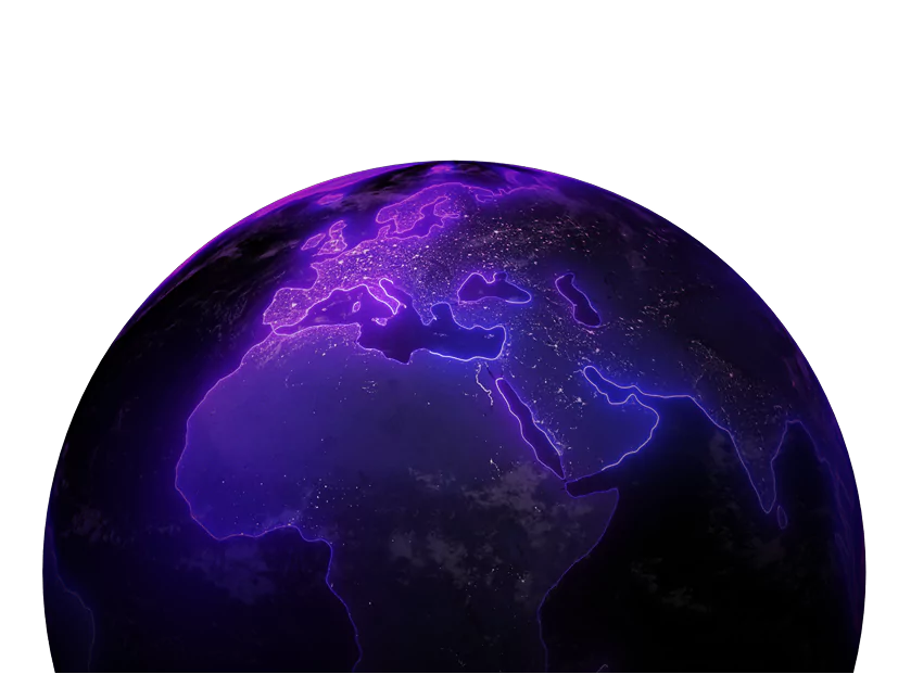 Futuristic Earth view with glowing purple outlines highlighting Europe, Africa, and Asia against a dark background.